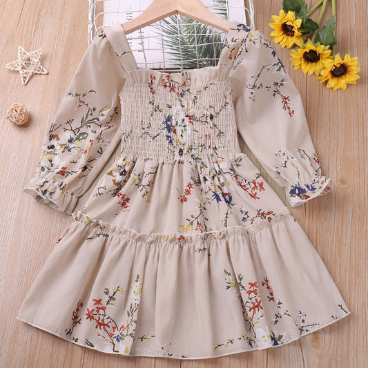 Girls' Shirred Flowers Long Sleeve Dress Kids Party Holiday Summer