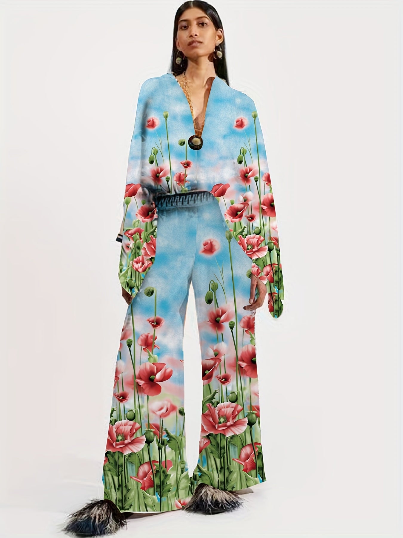 Ethnic Print Two Piece Set Blouse & Pants Outfit