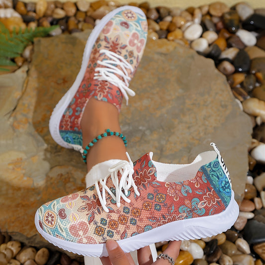 Ethnic Print Mesh Breathable Lightweight Running Shoes