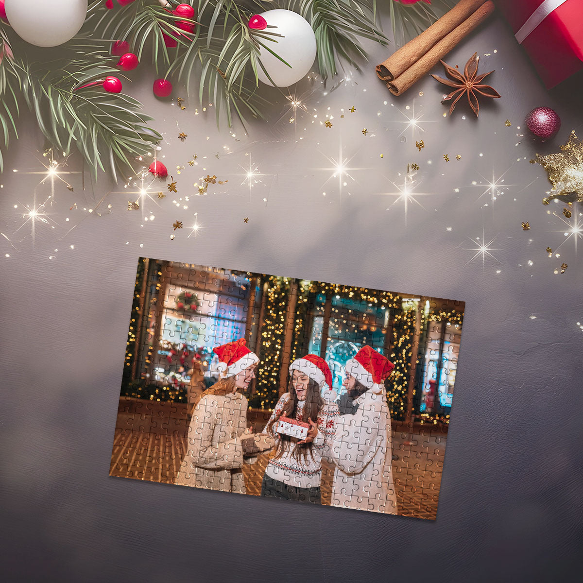Custom Wooden Photo Puzzle Christmas Scene Santa Hats