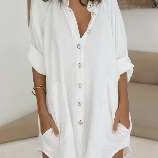  Solid Roll Up Sleeve Mock Neck Button Up Shirt Tunic Top