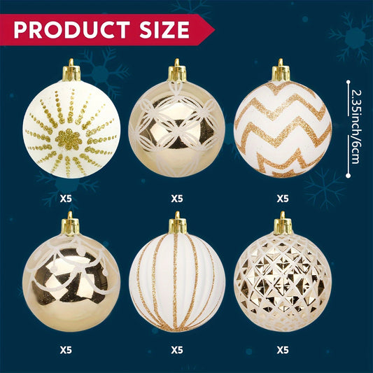 30 Golden Christmas Ornaments 60mm Shatterproof Holiday Balls Decoration