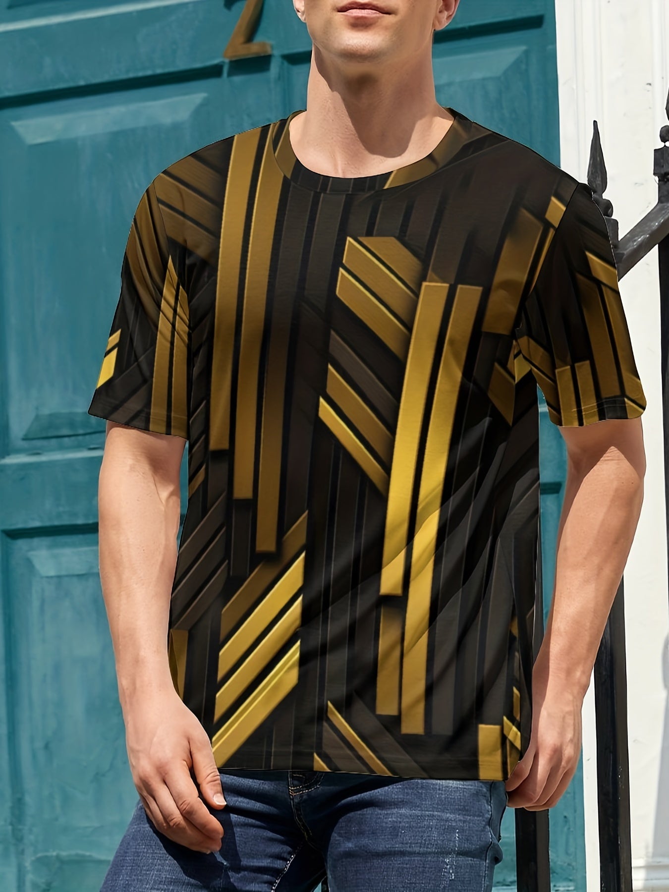 Men's Stripes Print T shirt Active Comfy Crew Neck 3D Print Tee