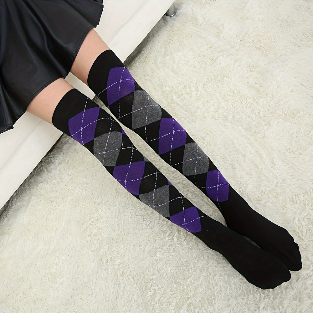 Argyle Thigh High Socks College Style Over The Knee Stockings