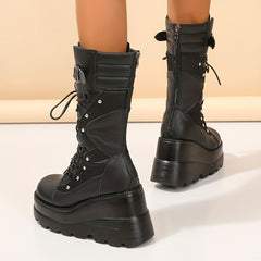 Women's Metal Buckle Boots Lace Up Outdoor Boots Thick Bottom Shoes