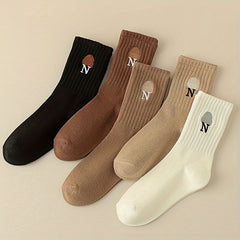 5 Pairs Letter & Hat Pattern Socks Soft Mid Tube Stockings