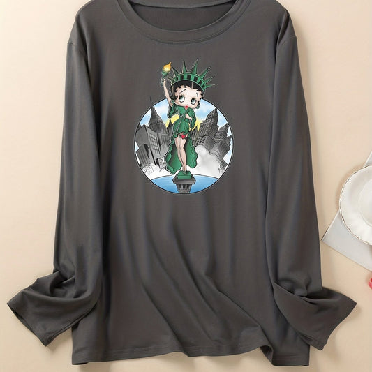  Cartoon Figure Print Long Sleeve Round Neck T-shirt
