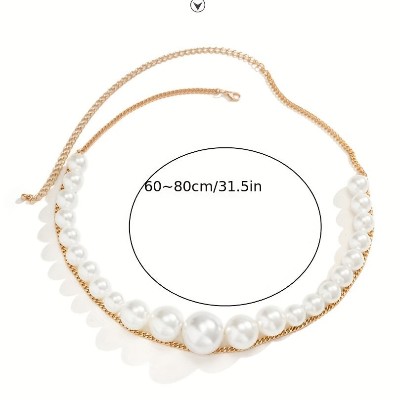 Faux Pearl Waist Chain Double Layer Metal Chain Belt Decorative Dress Girdle