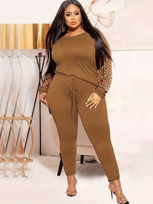  Colorblock Leopard Print Top & Leggings Set