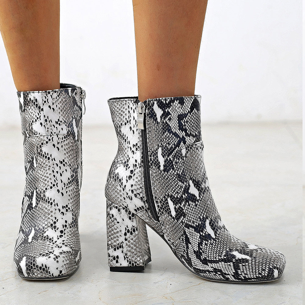 Snakeskin Print Ankle Boots Side Zip Chunky Heel