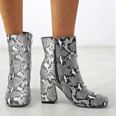 Snakeskin Print Ankle Boots Side Zip Chunky Heel