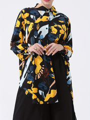  Geometric Print Button Up Collar Blouse