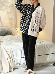 Cartoon Bear Pajama Set Long Sleeve Fuzzy Top & Pants