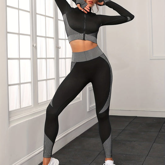Gray Zippered Long Sleeve Top & Pants Set Women's Activewear