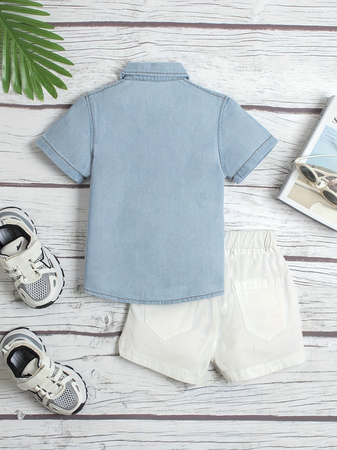 Boys Striped Denim Lapel Shirt Short Sleeve Button Down Tee