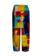  Colorblock Print Wide Leg Pants With Pockets