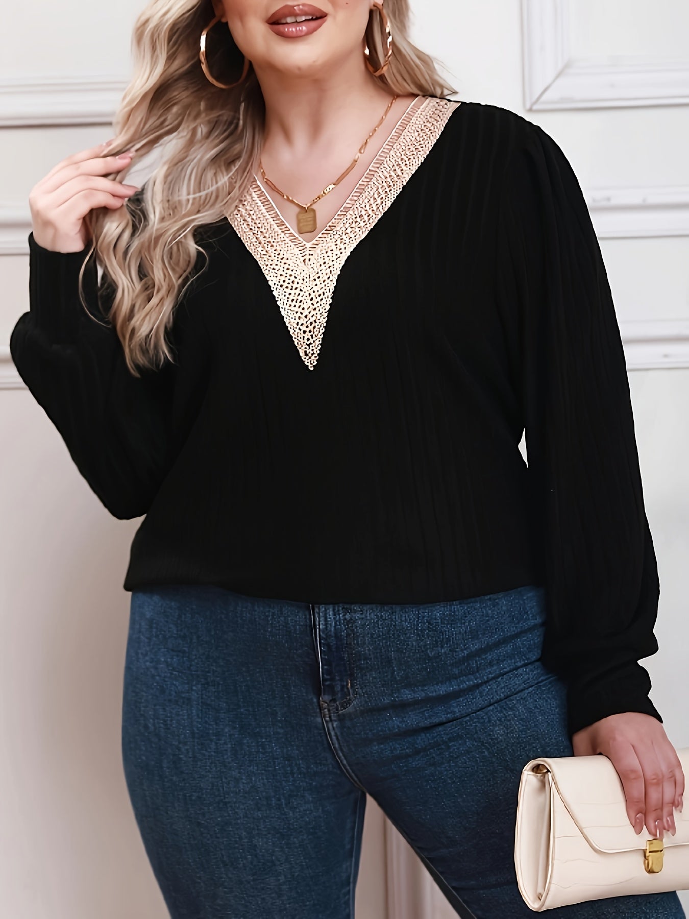  Colorblock Lace Long Sleeve V Neck Sweater