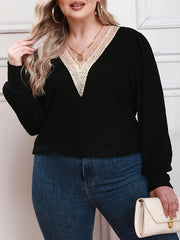  Colorblock Lace Long Sleeve V Neck Sweater