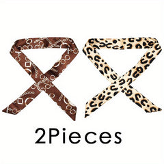 Leopard Chain Print Twilly Scarf Set Vintage Long Ribbon Neckerchief