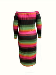 Plus Stripe & Ombre Print Long Sleeve Maxi Dress