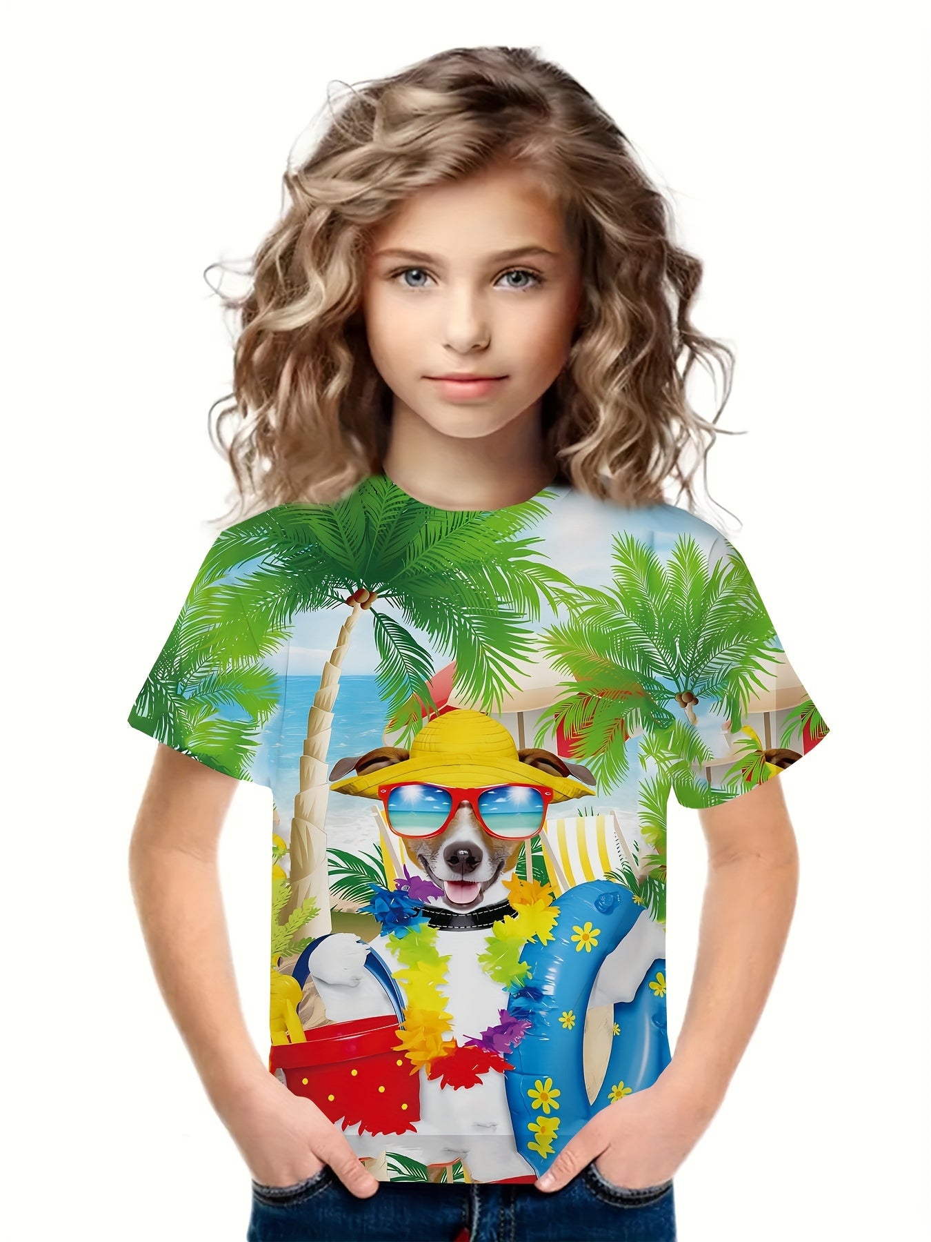 3D Hawaii Puppy Graphic Short Sleeve T shirt Loose Fit Pullover For Boys Girls