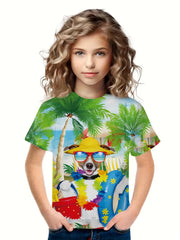 3D Hawaii Puppy Graphic Short Sleeve T shirt Loose Fit Pullover For Boys Girls