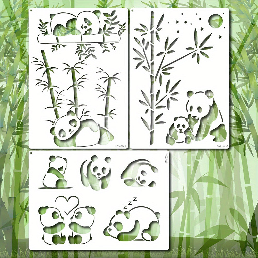 3pcs A4 Size Panda Mother Bamboo Stencils Wood Carving Scrapbooki