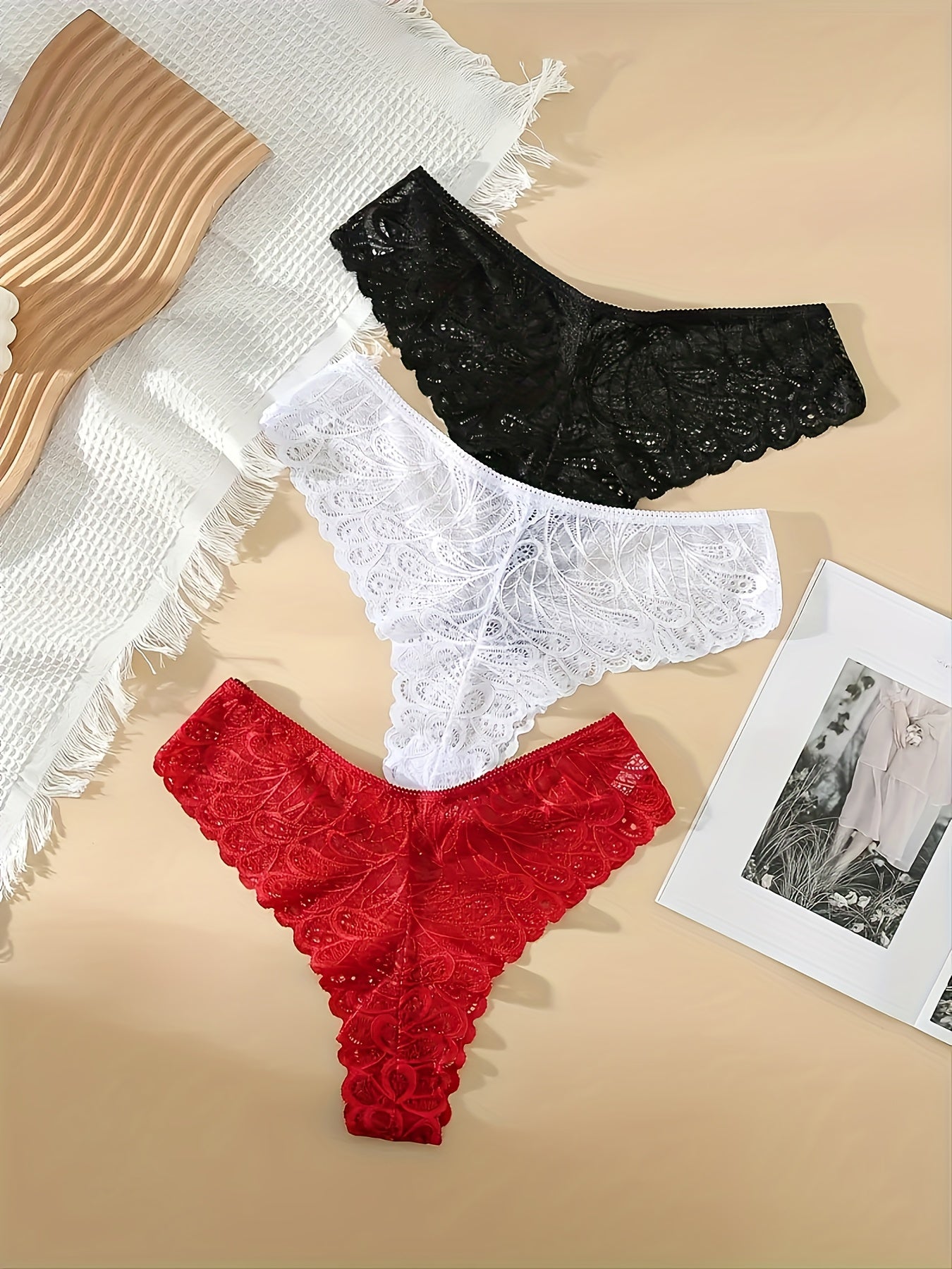 3pcs Lace Thongs Breathable & Comfy Panties Women's Lingerie
