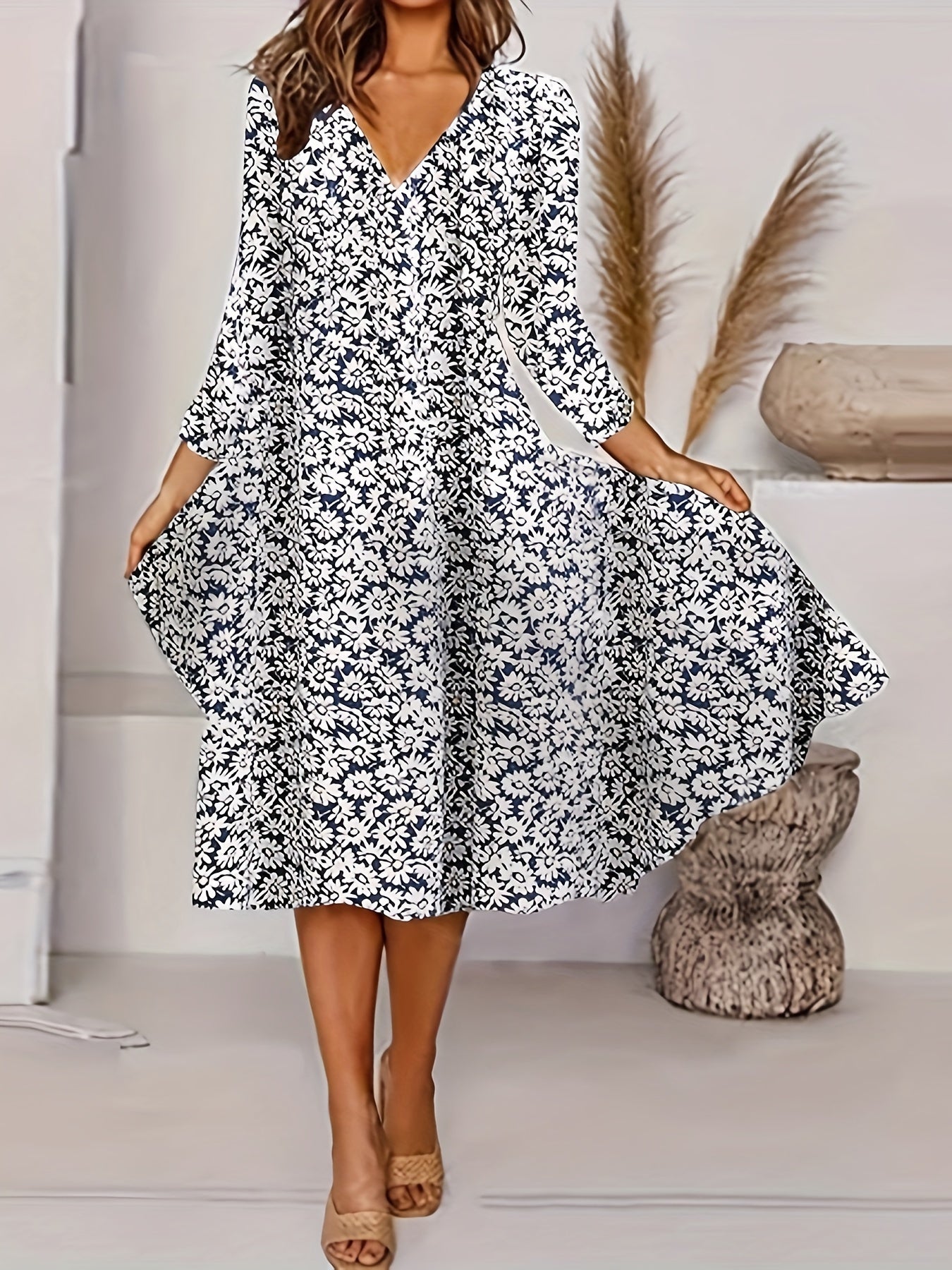  Casual Dress Women's Plus Floral Print V Neck Dress