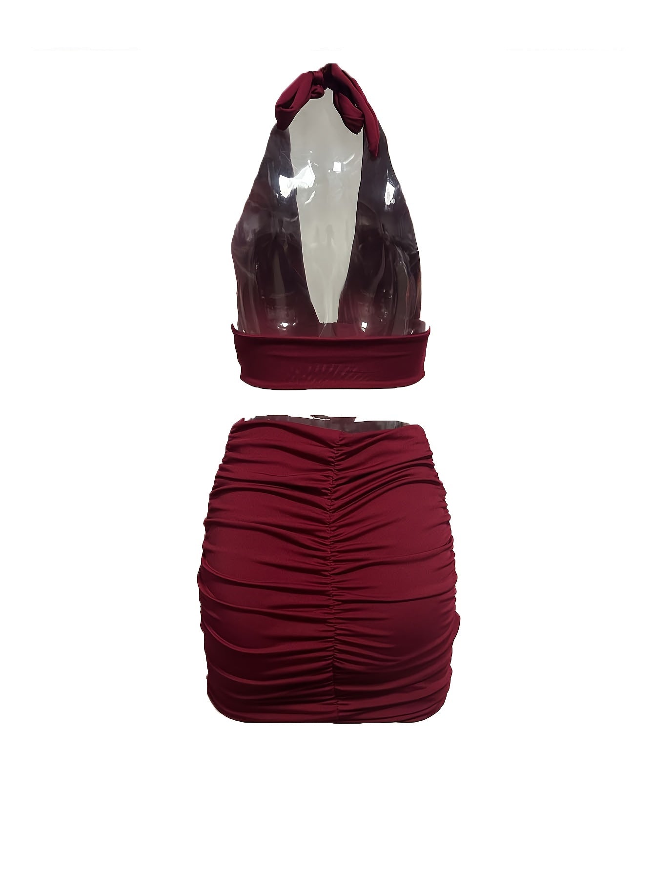 Solid Matching Two piece Skirt Set Crop Halter Top & Ruched Skirt