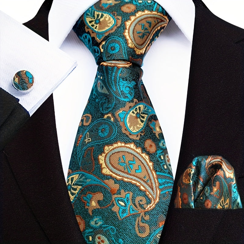 Men's Paisley Tie Jacquard Necktie Handkerchief Clip Set Gift