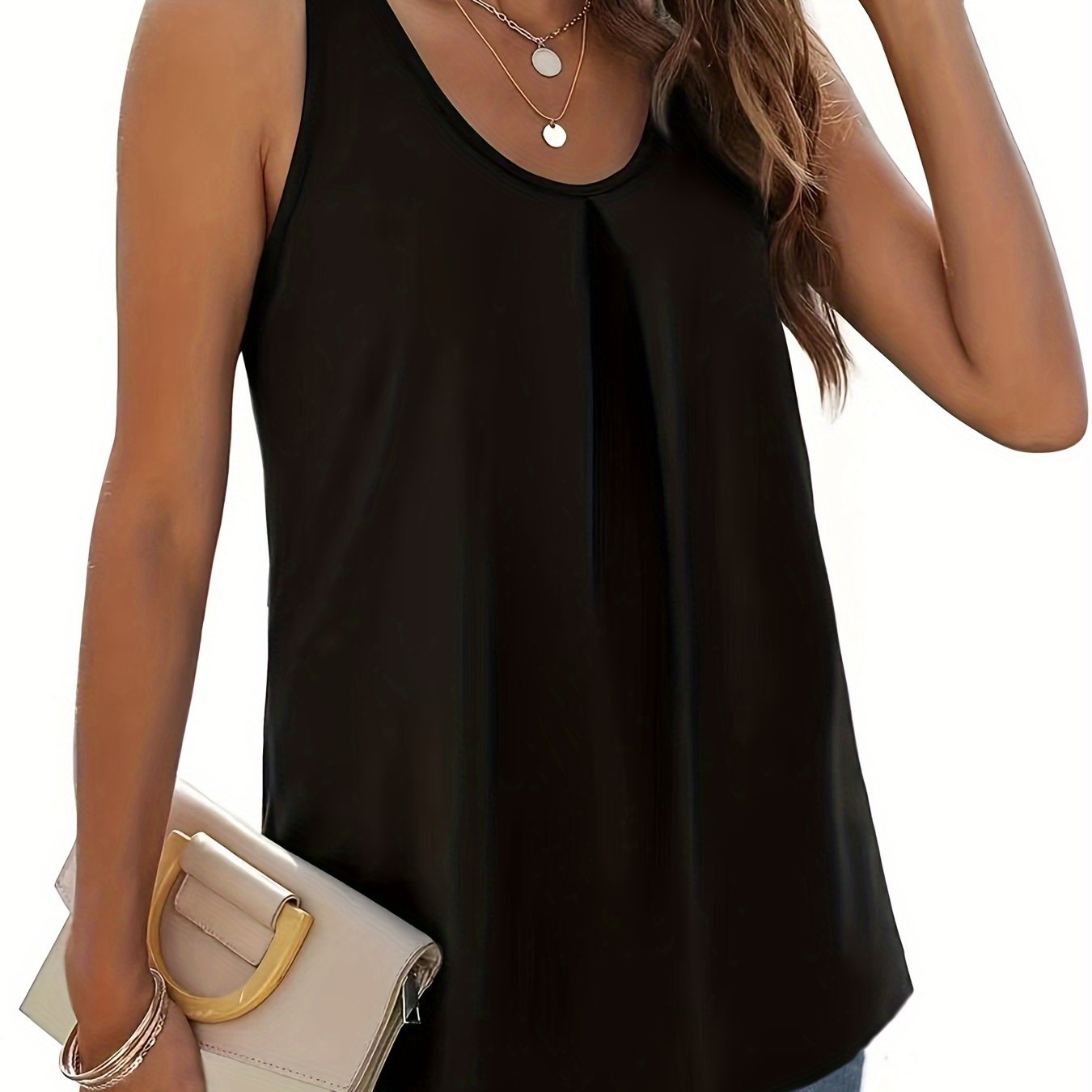  Solid Ruched Round Neck Tunic Vest Top