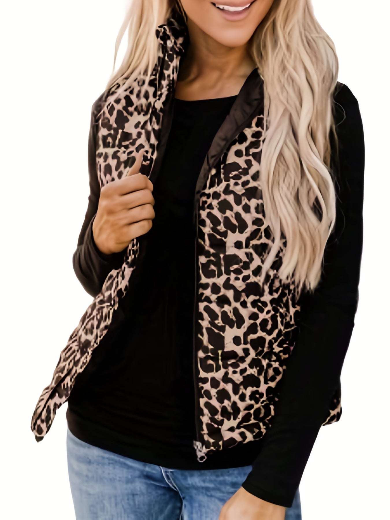 Leopard Print Zip Up Vest Women's Clothing