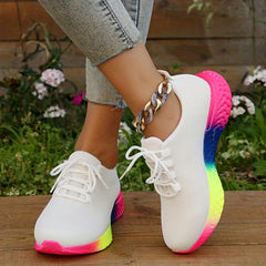 Women's Rainbow Thick Sole Running Shoes Flying Woven Lace Up Sneakers