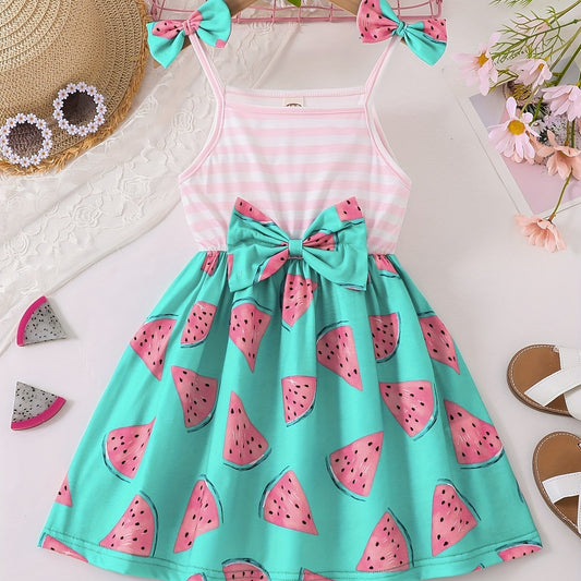 Toddler Girls Watermelon Stripes Graphic Bow Shoulder Cami Princess Dress