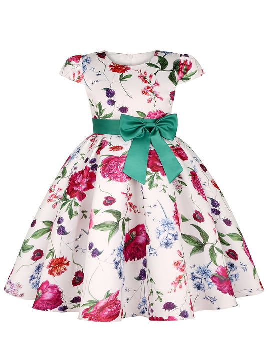 Girls Princess Dress Short Sleeve Bow Flowers Print Dress