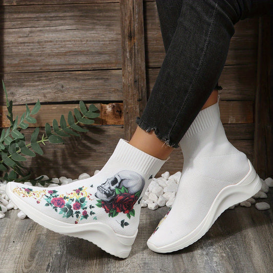 Women's Stretch Sock Boots Skull Rose Knit Ankle Boots Halloween Slip On