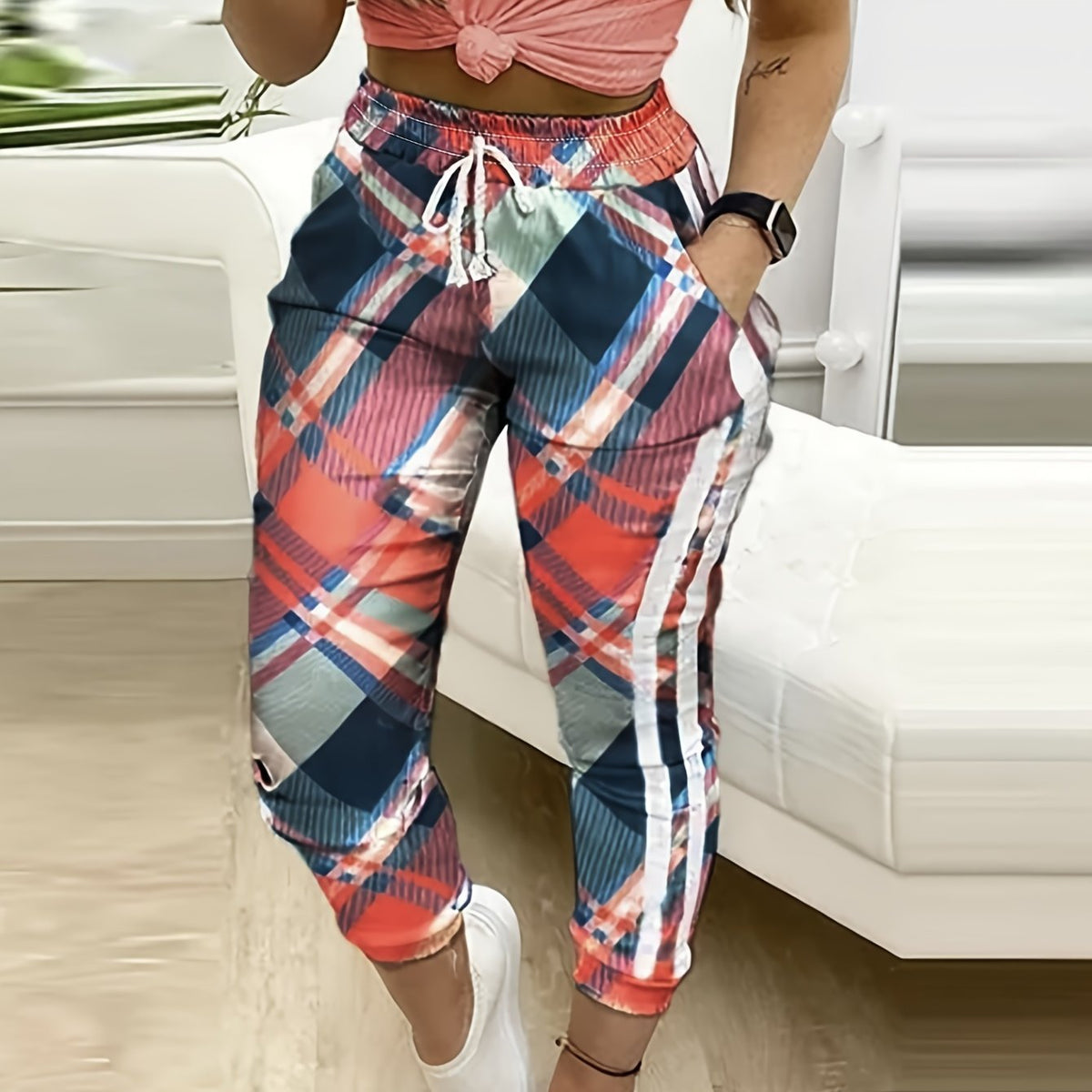  Plaid Print High Rise Drawstring Pants