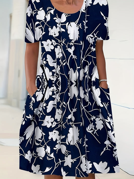  Floral Print Pleated Short Sleeve Midi Dress with Pockets