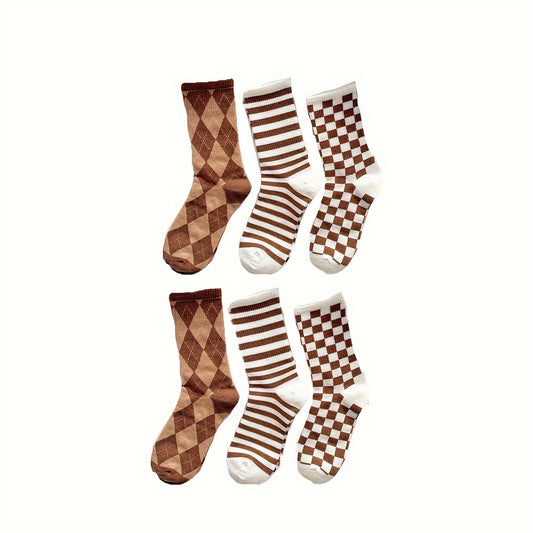 6 Pairs Plaid & Striped Socks College Style Women's Stockings