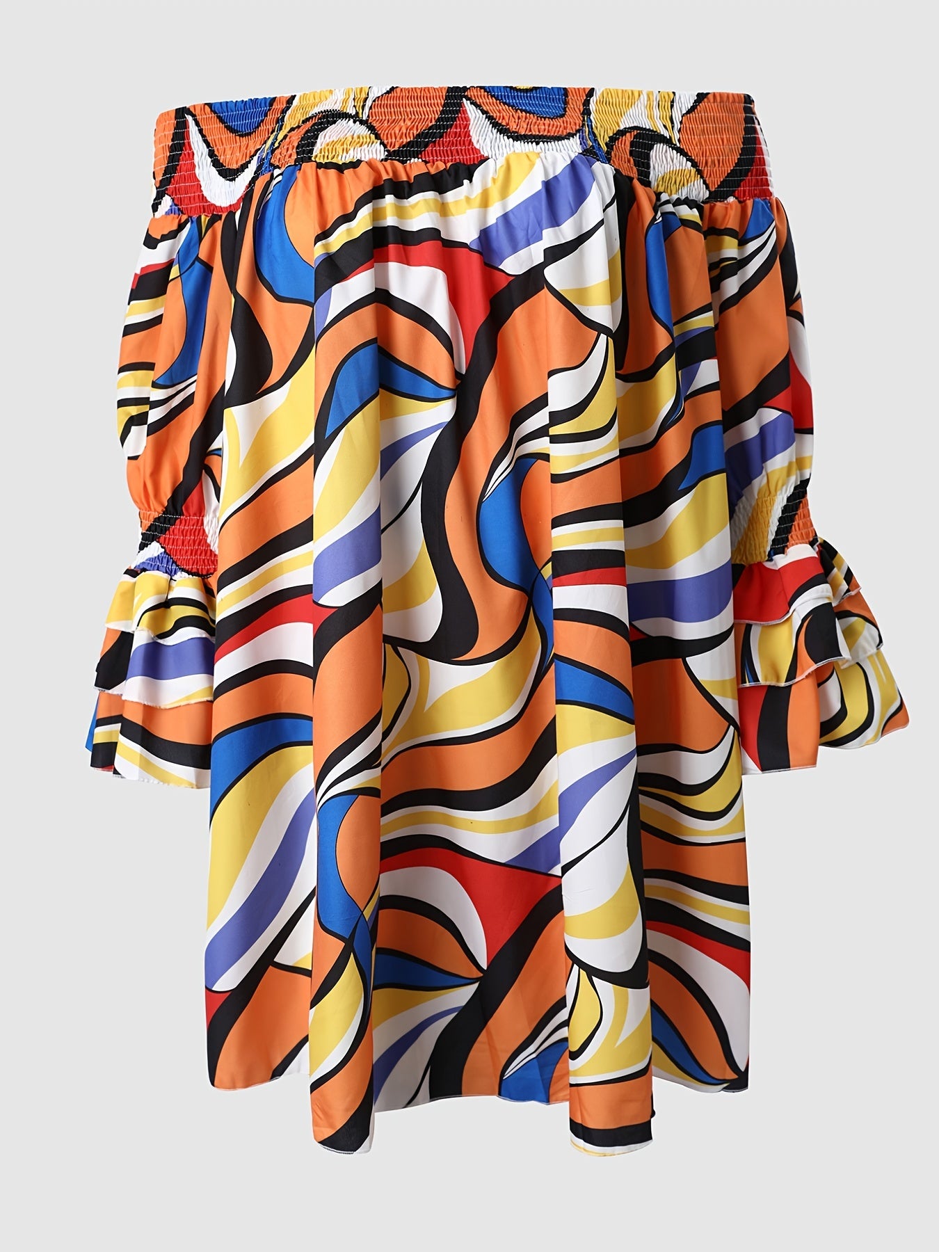  Off Shoulder Ruffle Sleeve Geometric Print Midi Dress