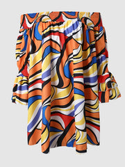  Off Shoulder Ruffle Sleeve Geometric Print Midi Dress