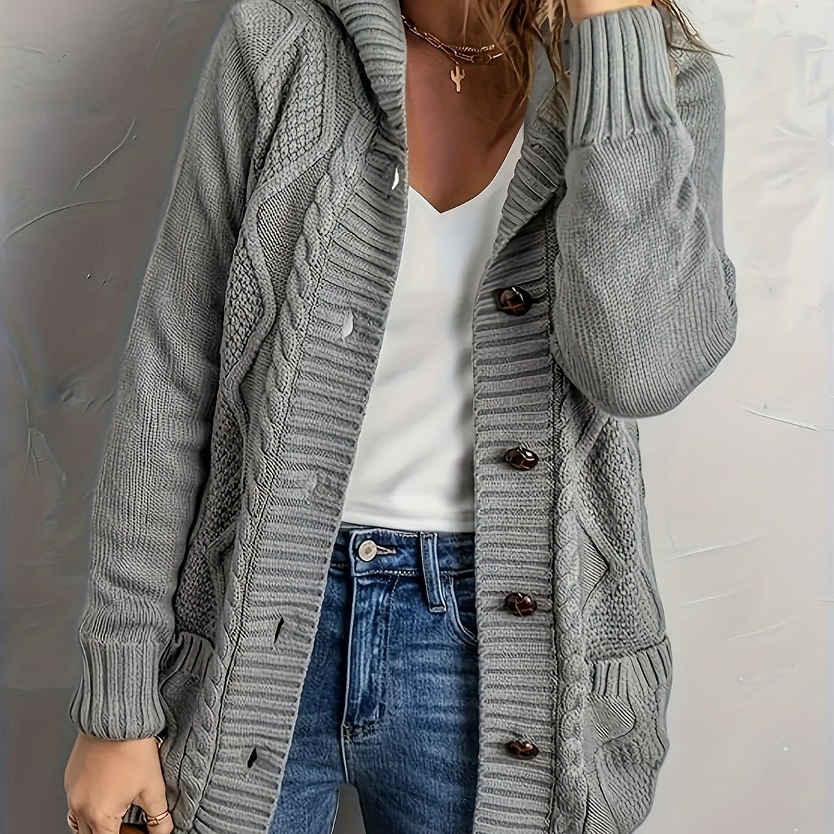  Solid Long Sleeve Hooded Sweater Cardigan