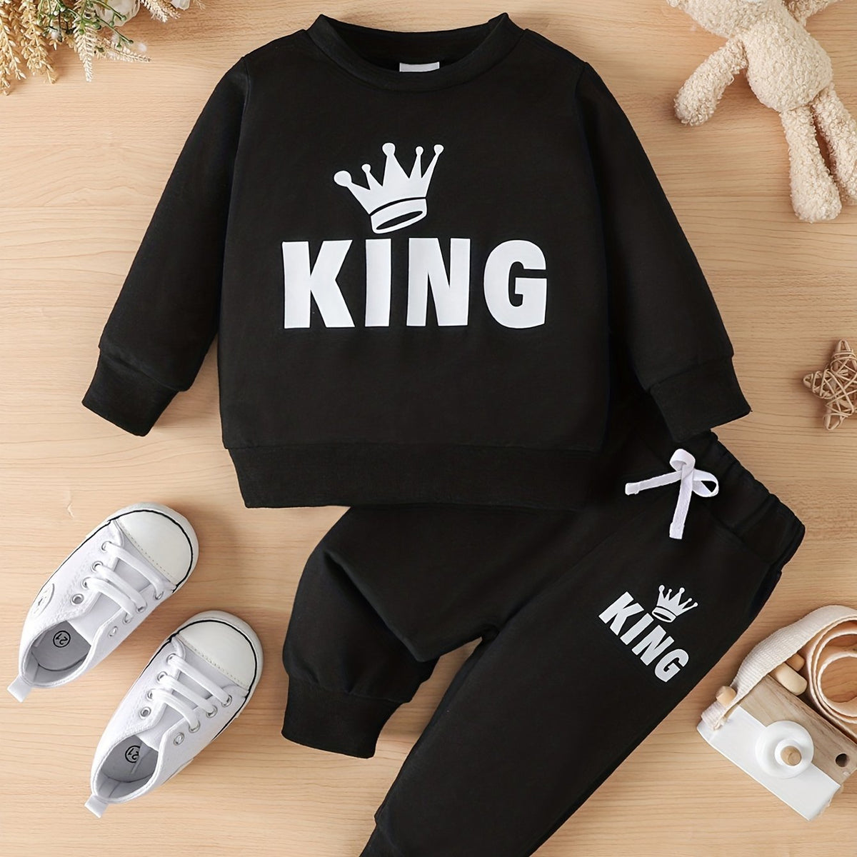 Toddler Boy Sweatshirt Set with KING Letter Print
