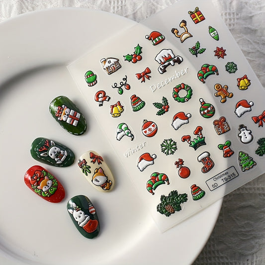 5D Christmas Nail Art Stickers Snowflake Snowman - Self Adhesive Nail Decals