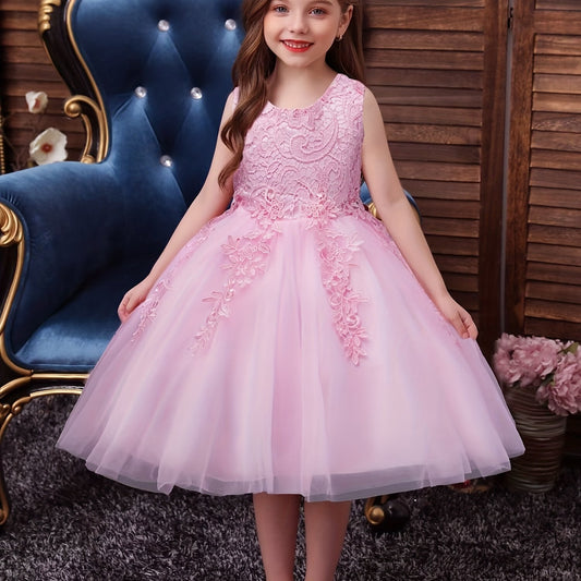 Girls Sleeveless Puffy Princess Dress Flowers Embroidery Tulle Tutu Dress