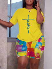  2-Piece Set: Letter Print Crop Top & Geometric Print Shorts