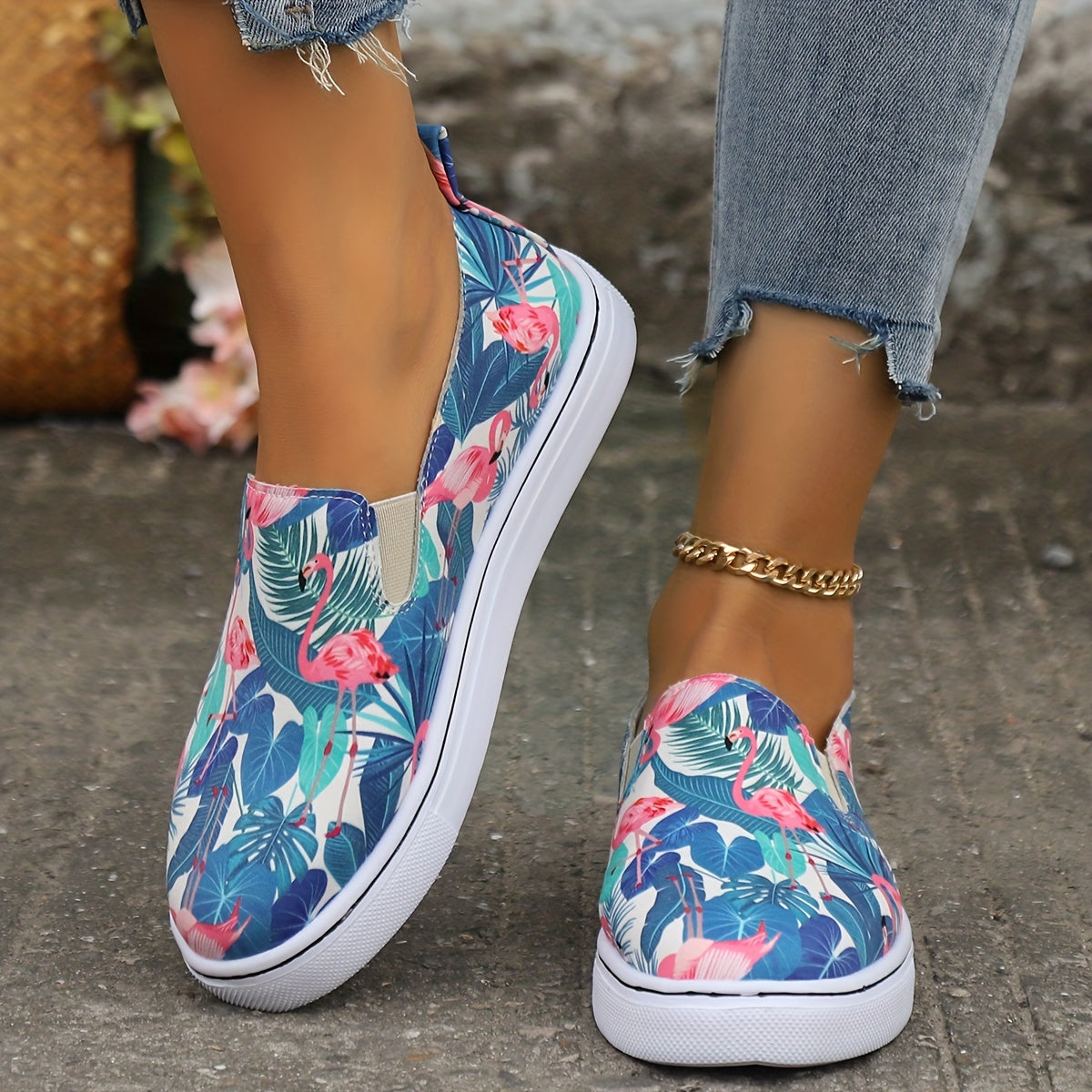 Tropical Flamingo Leaves Print Flat Wear Resistance Skate Shoes