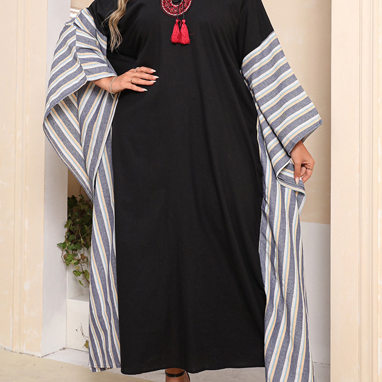  Colorblock Stripe Kaftan Dress with Tassel Detail