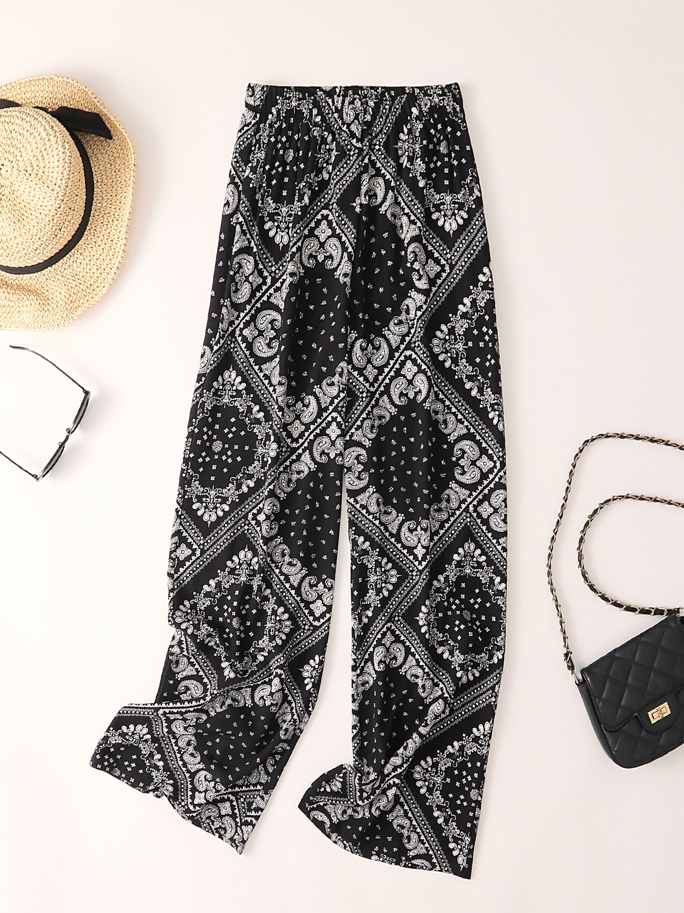 Paisley Scarf Print Wide Leg Pants Boho Casual Loose Pants